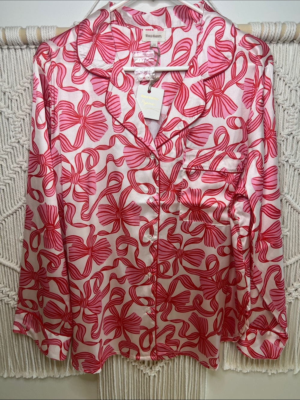 Cost Plus World Market Pink Ribbon-Print Satin Button-Down Blouse